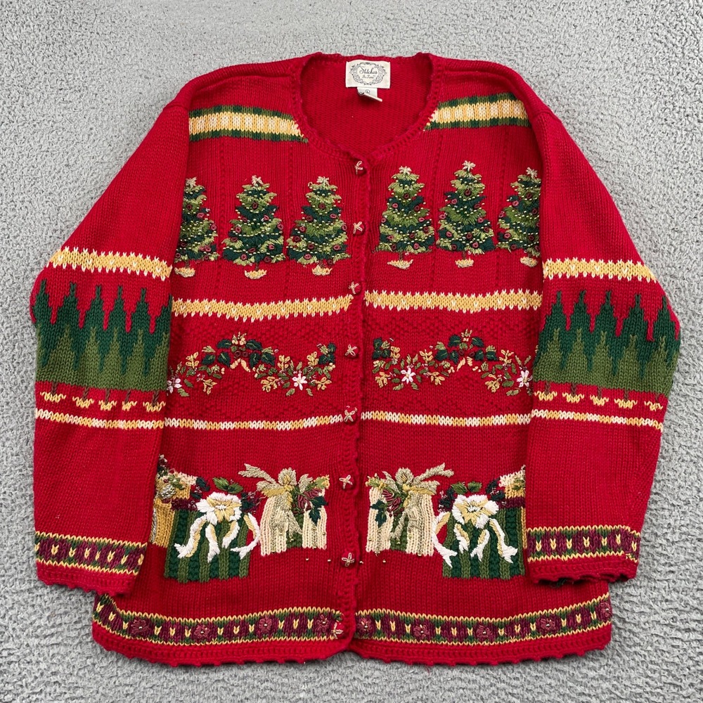 Stitches In Time Sweater Womens L Red Christmas Cardigan Embroidered Beaded Tree